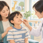 家長陪伴孩子，由醫護人員給予鼻噴式流感疫苗的衛教示意插畫