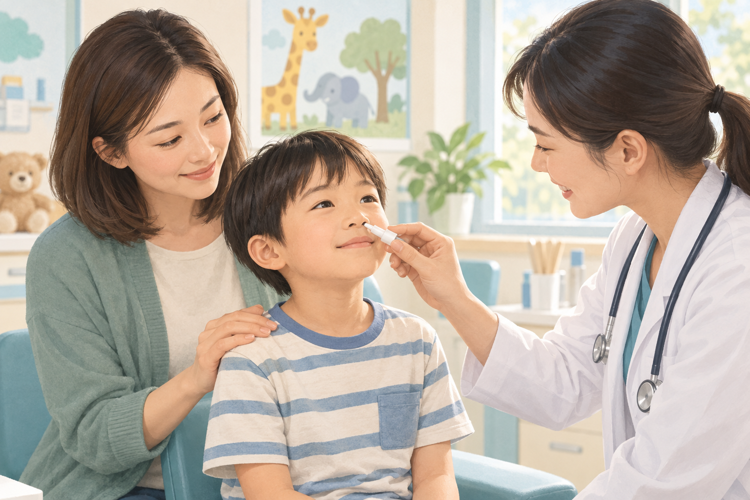 家長陪伴孩子，由醫護人員給予鼻噴式流感疫苗的衛教示意插畫